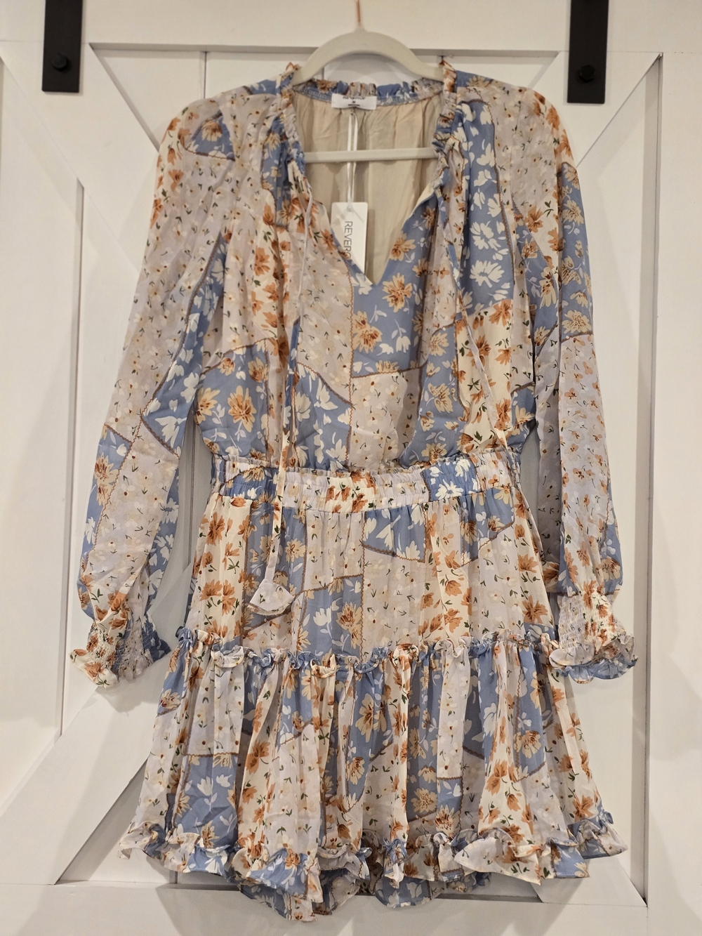 Patchwork Floral Long-Sleeve Tiered Dress in Blue and Cream